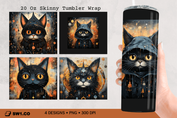Black Cat Wizard Tumbler Sublimation PNG for Crafts & Graphics