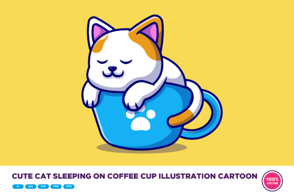 Cute Cat Sleeping on Coffee Cup Cartoon Graphics