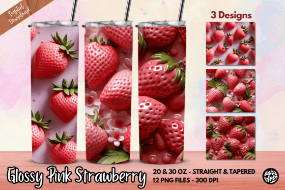 Glossy Pink Strawberry Tumbler Wrap: Graphics & Print Templates