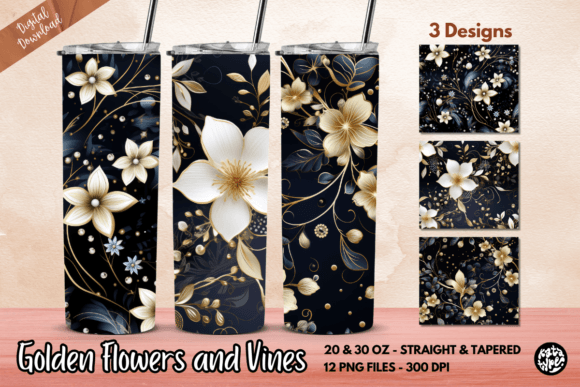Golden Flowers and Vines Tumbler Wrap: Graphics & Print Templates