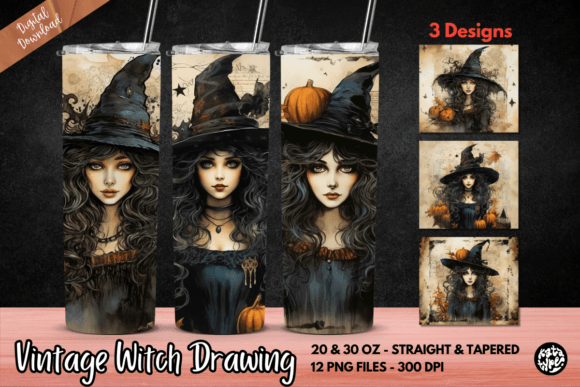 Vintage Witch Drawing Tumbler Wrap: Graphics & Print Templates