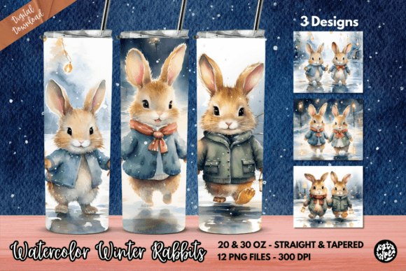 Watercolor Winter Rabbits Tumbler Wrap: Graphics & Print Templates